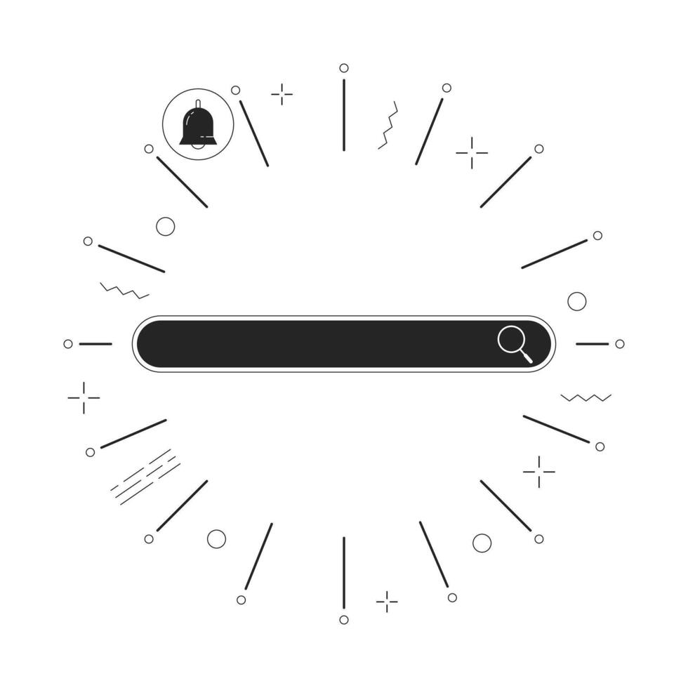 Search bar with notification bell in frame black and white 2D line cartoon objects. Web browser interface isolated vector outline item. Software development monochromatic flat spot illustration