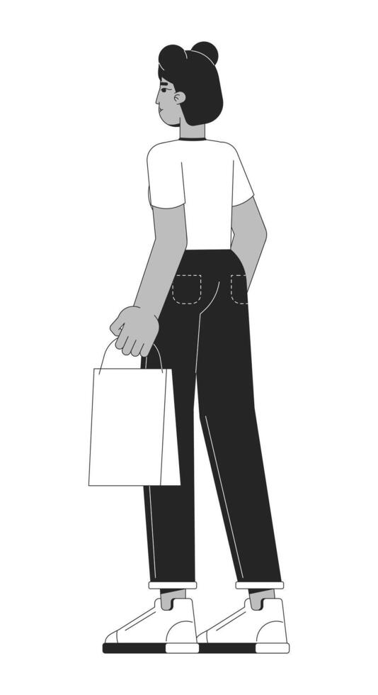 africano americano mujer con compras bolso negro y blanco 2d línea dibujos animados personaje. negro hembra comprador aislado vector contorno persona. adquisitivo bienes para divertido monocromo plano Mancha ilustración