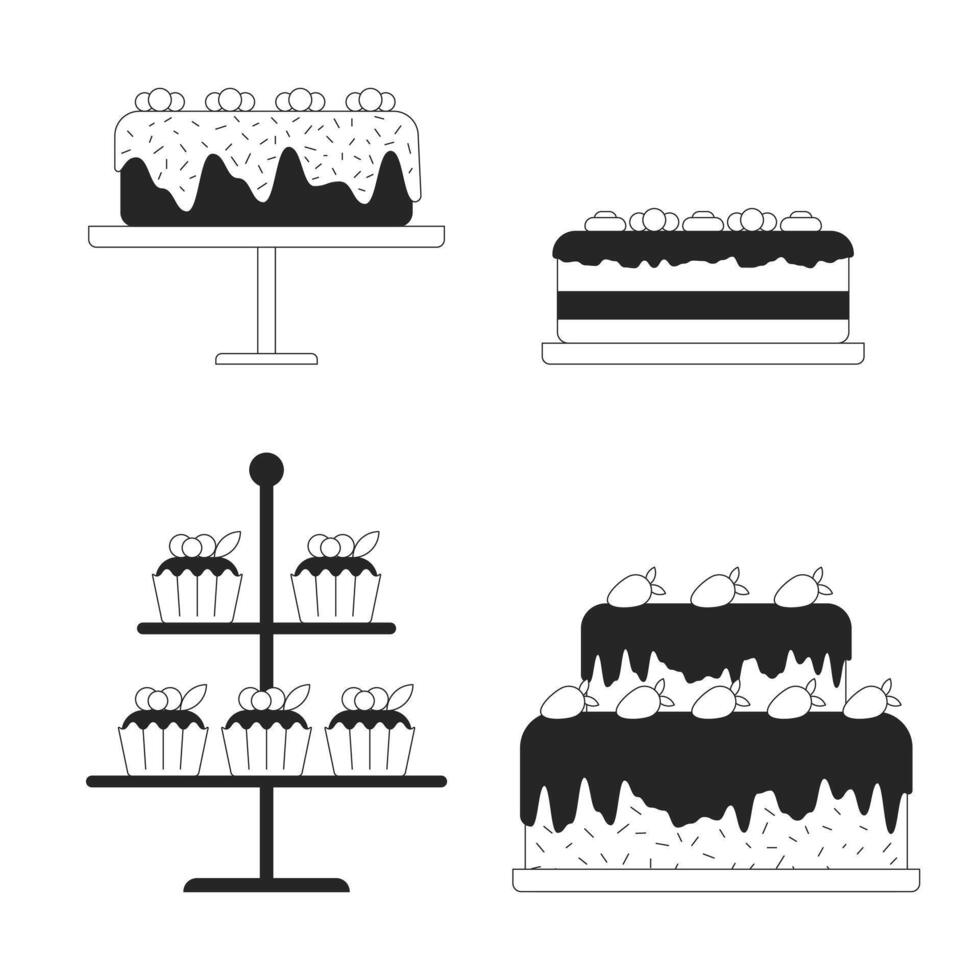 Decorated cakes on stands black and white 2D line cartoon objects set. Desserts store isolated vector outline items collection. Confectionery shop service monochromatic flat spot illustrations