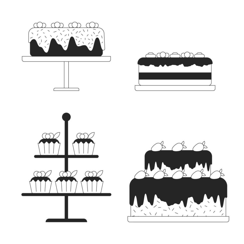 decorado pasteles en soportes negro y blanco 2d línea dibujos animados objetos colocar. postres Tienda aislado vector contorno artículos recopilación. confitería tienda Servicio monocromo plano Mancha ilustraciones