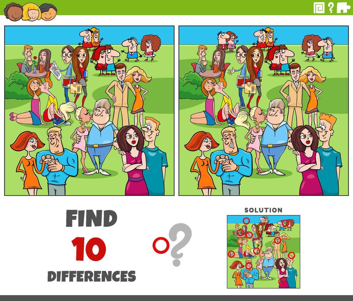 differences game with cartoon couples characters group vector