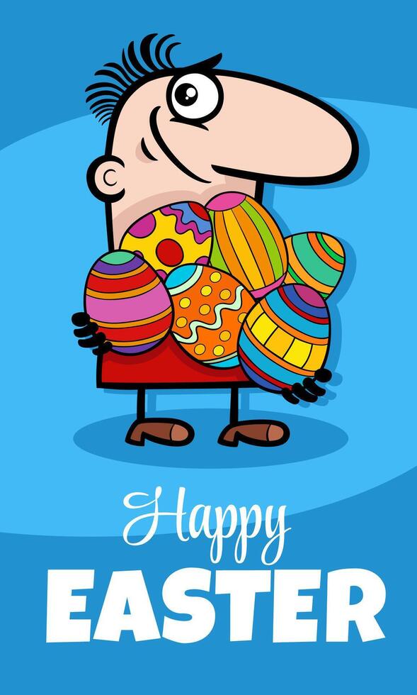 cartoon man with painting Easter egg greeting card design vector