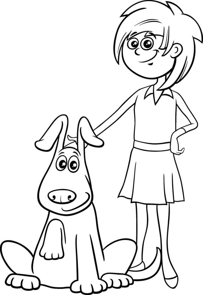 dibujos animados adolescente niña con perro personaje colorante página vector