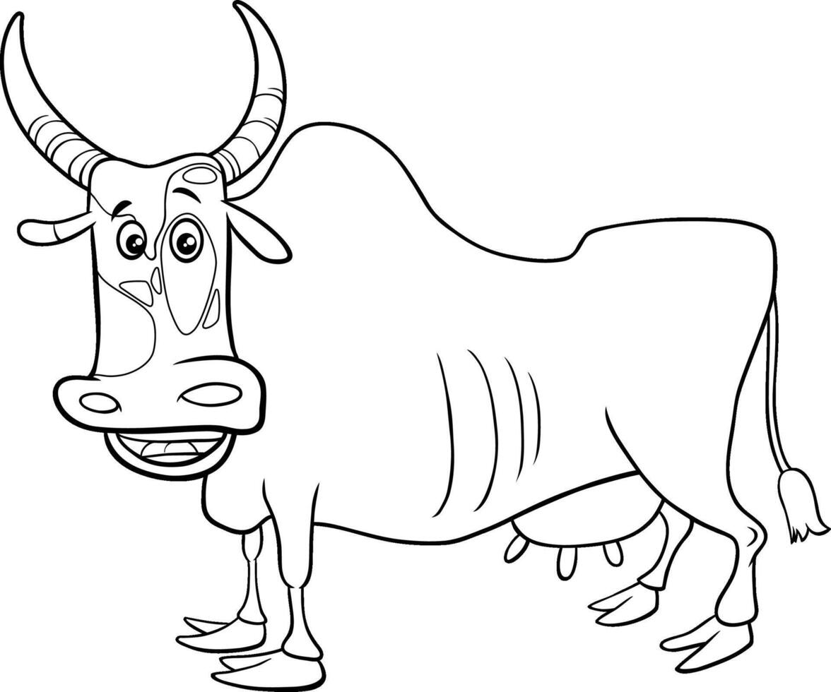 zebu cow farm animal character cartoon illustration coloring page vector
