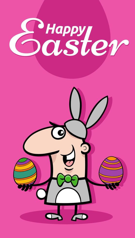 cartoon man in bunny costume with Easter eggs greeting card vector