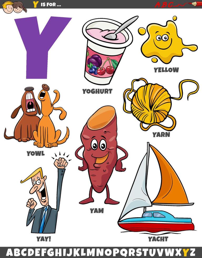 Letter Y set with cartoon objects and characters vector