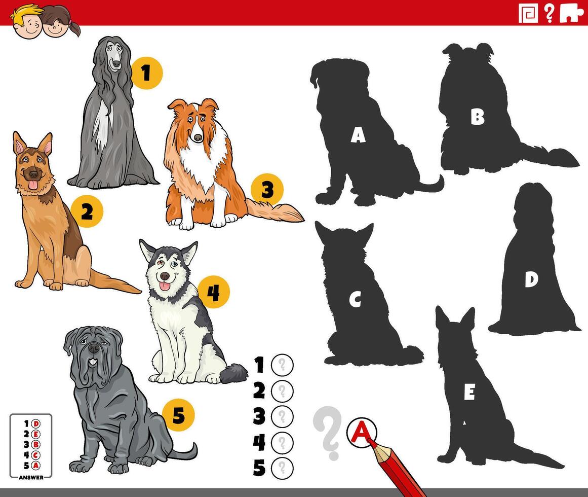 finding shadows activity with cartoon purebred dogs vector