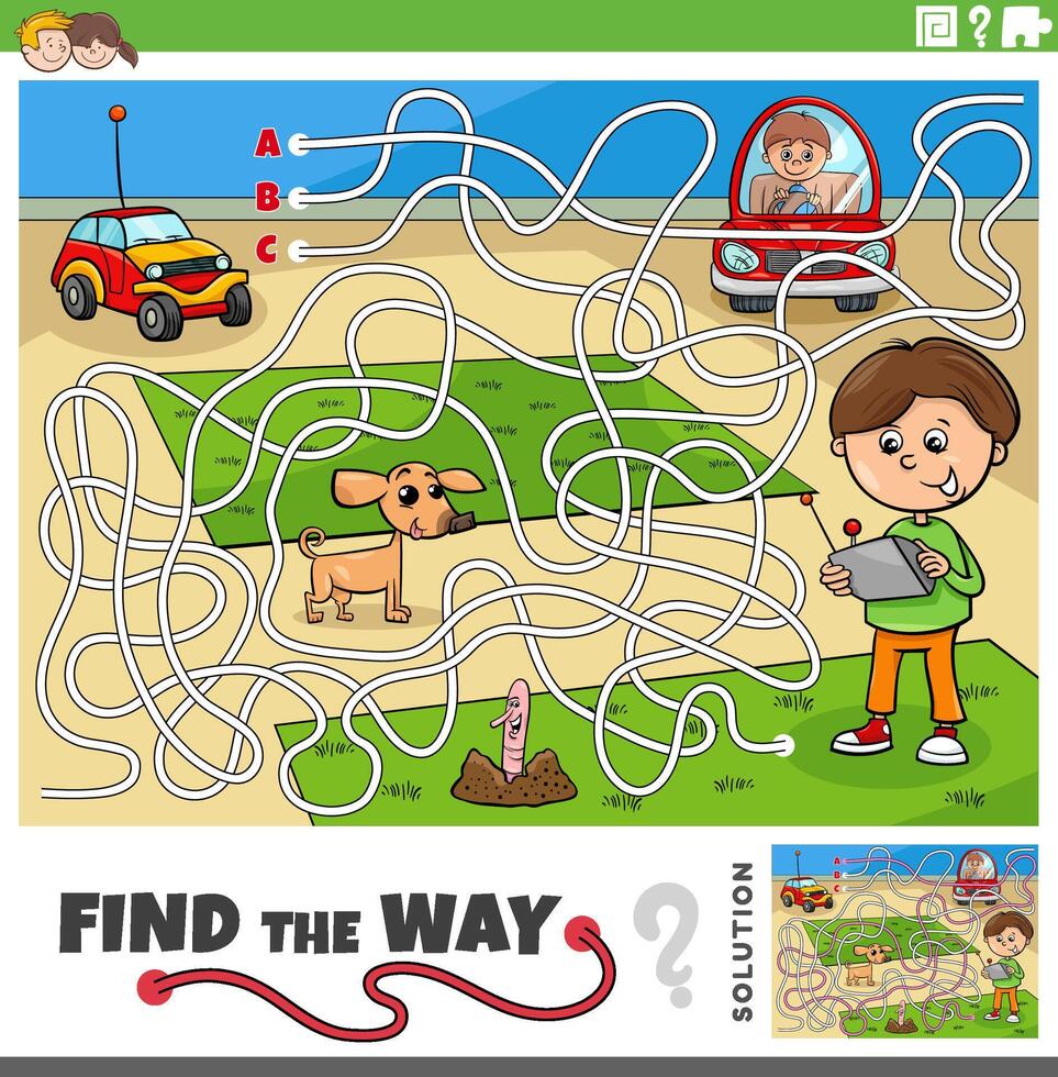 maze game with cartoon boy and remote control toy car vector