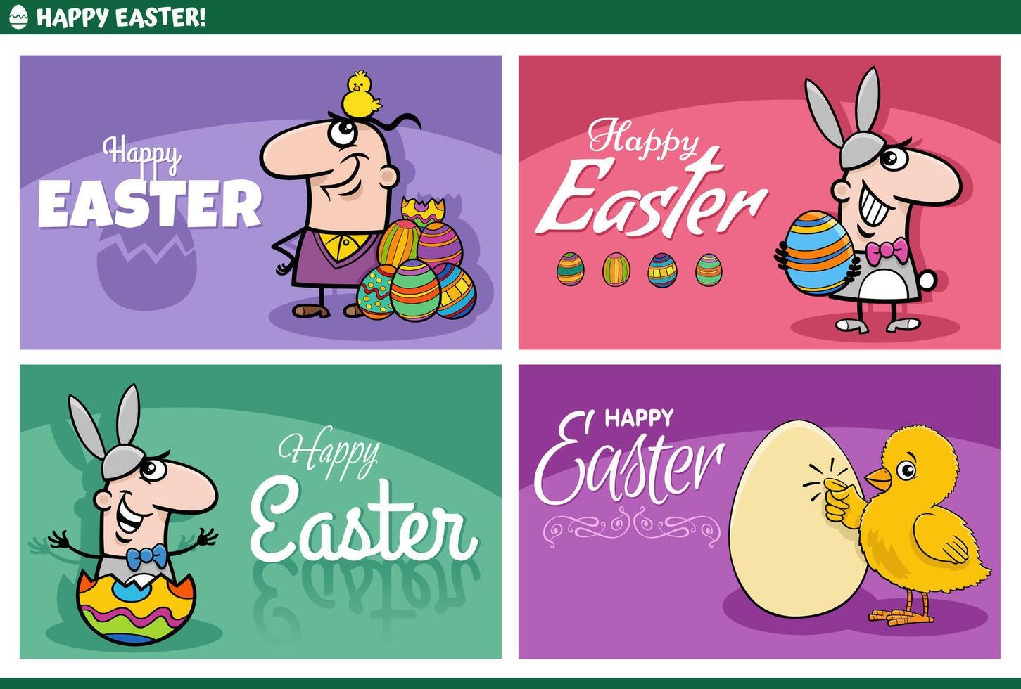 cartoon Easter greeting cards set with people and chicks vector