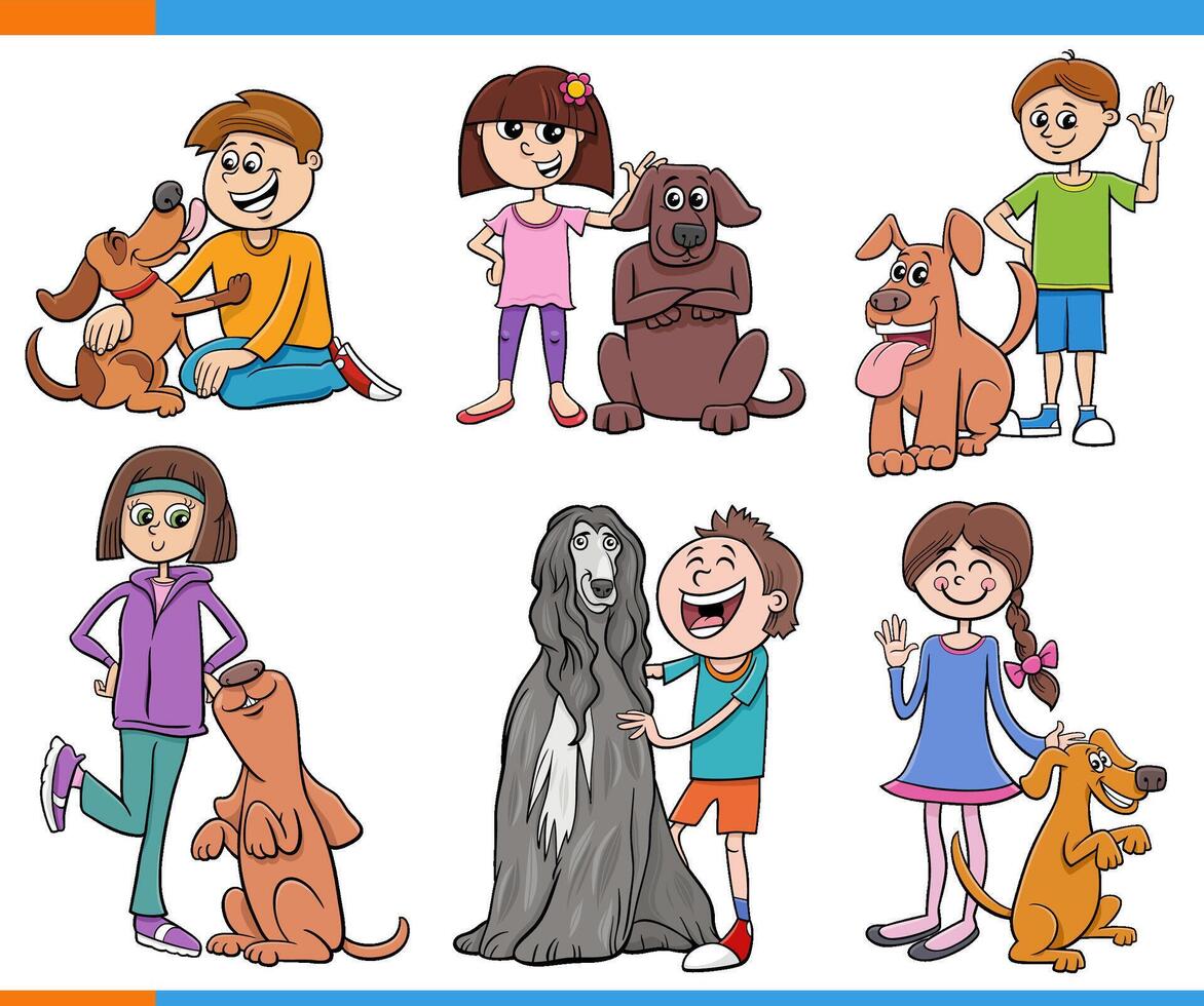 cartoon children and their dogs characters set vector