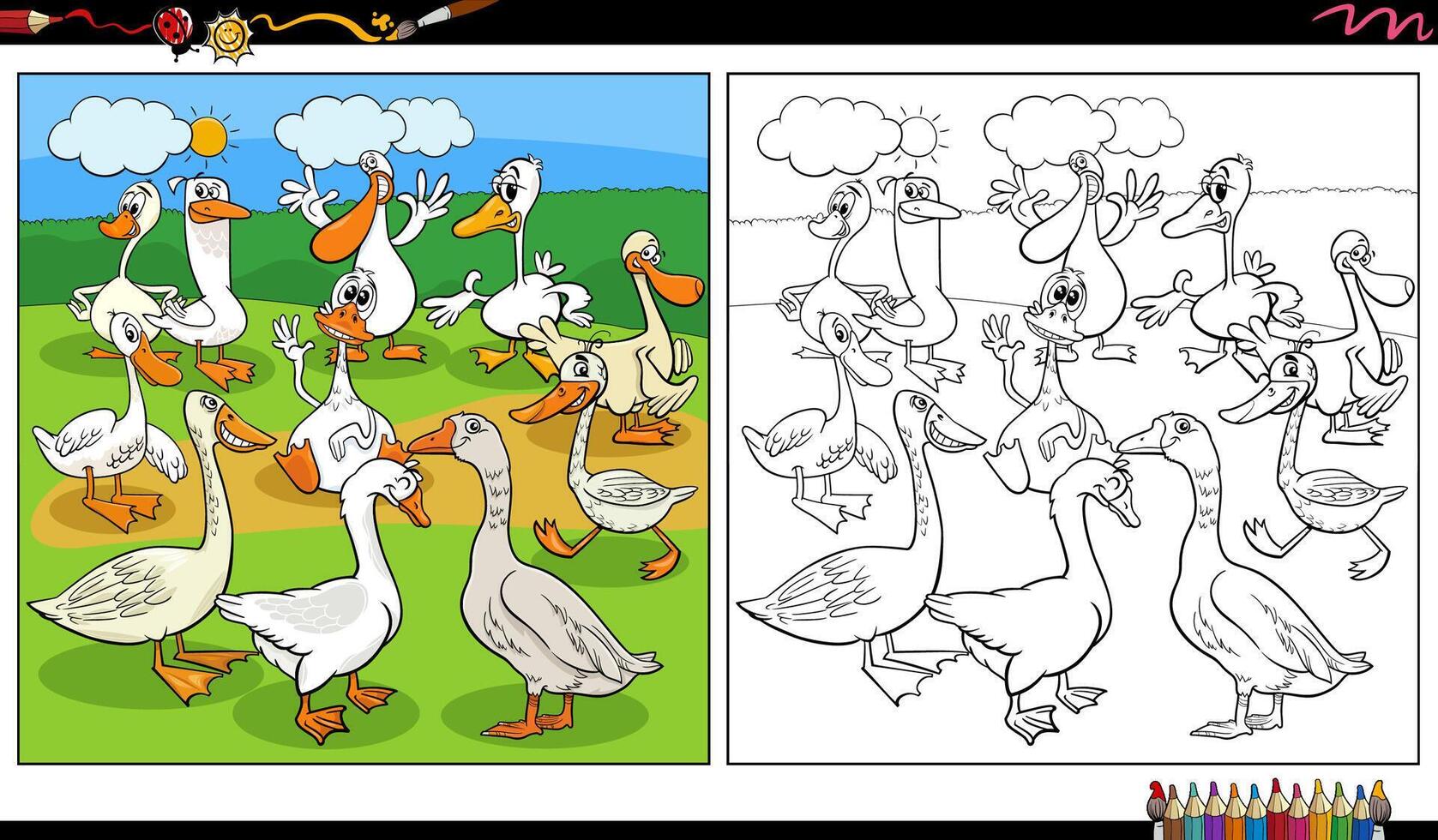 cartoon geese birds farm animal characters group coloring page vector
