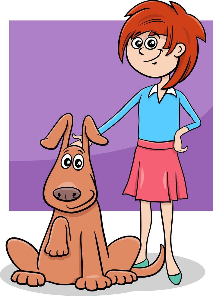 dibujos animados adolescente niña con gracioso perro personaje vector