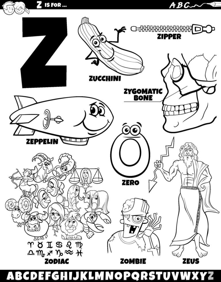 Letter Z set with cartoon objects and characters coloring page vector