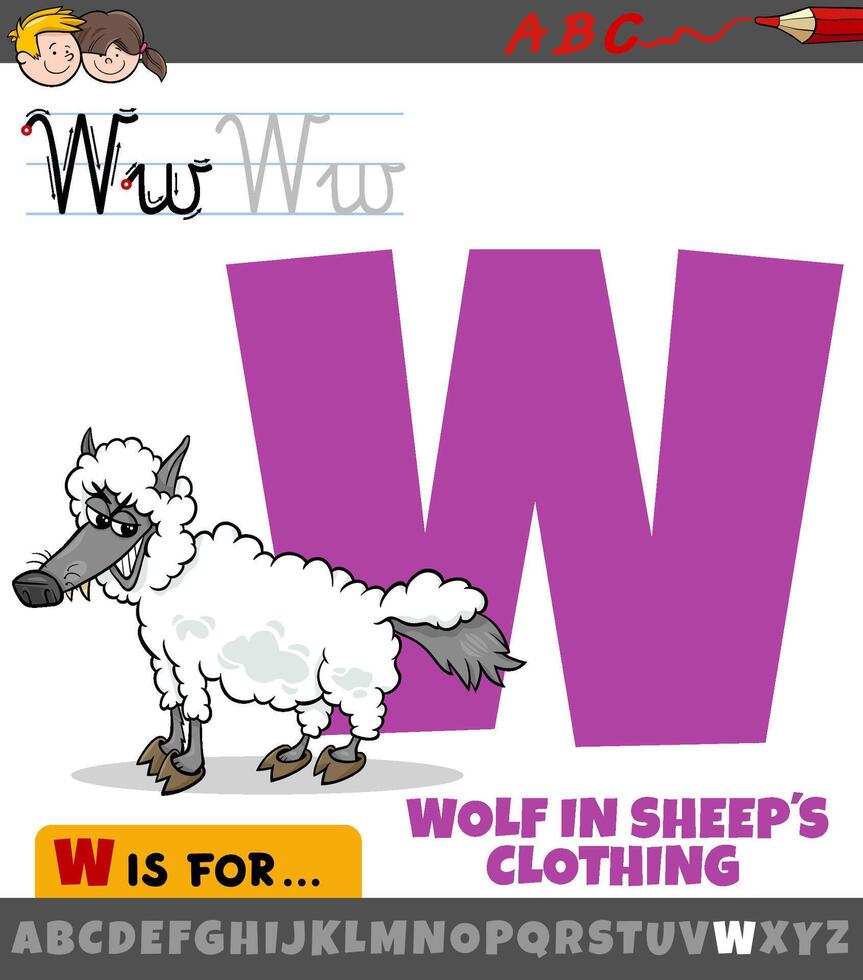 letra w desde alfabeto con dibujos animados lobo en oveja ropa vector