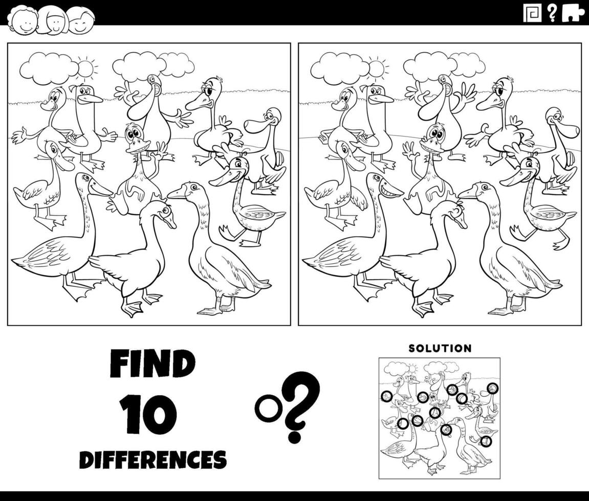 differences game with cartoon geese birds coloring page vector
