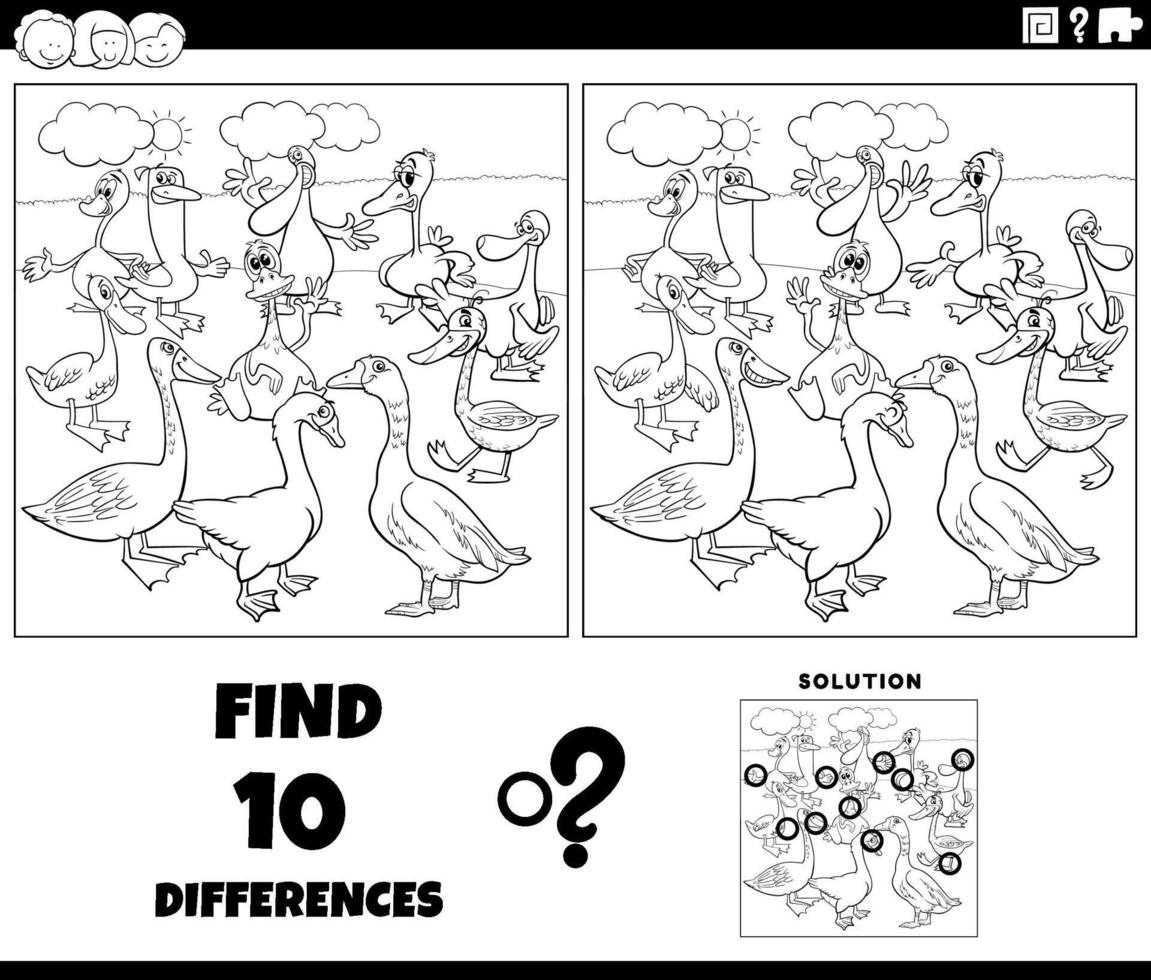 diferencias juego con dibujos animados gansos aves colorante página vector
