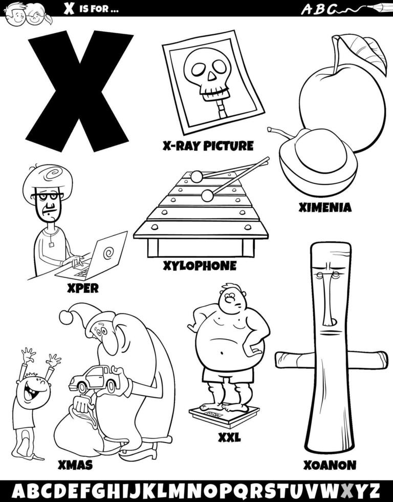 Letter X set with cartoon objects and characters coloring page vector