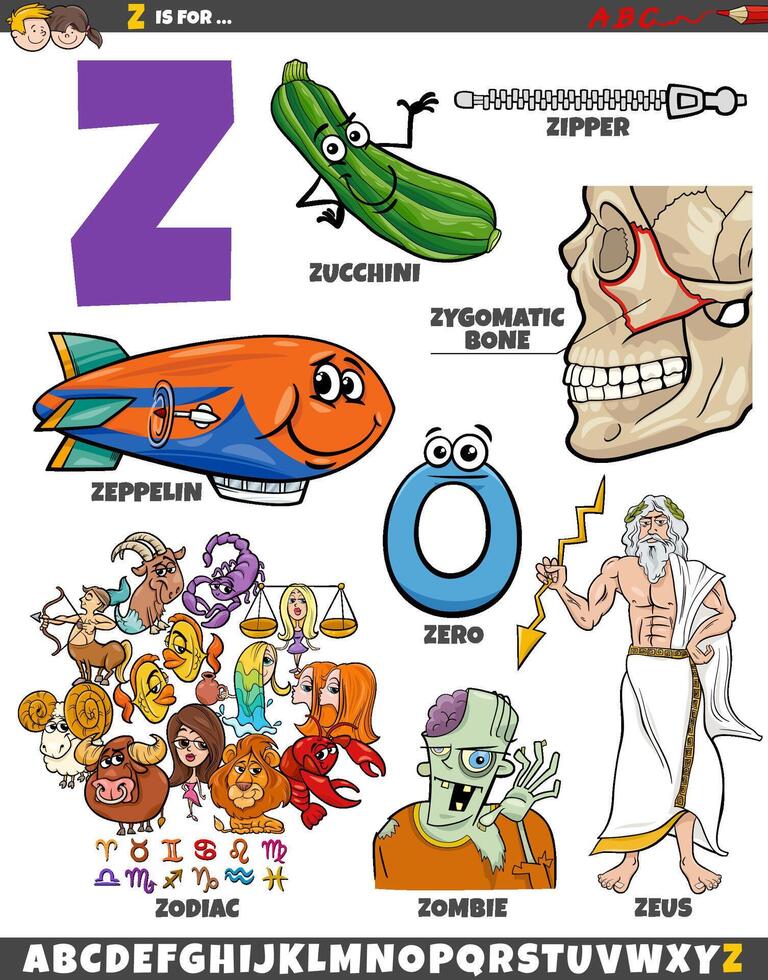 Letter Z set with cartoon objects and characters vector