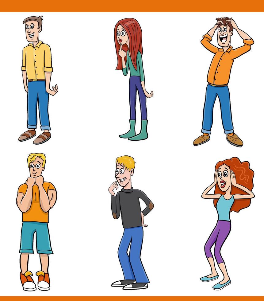 cartoon funny surprised young people characters set vector