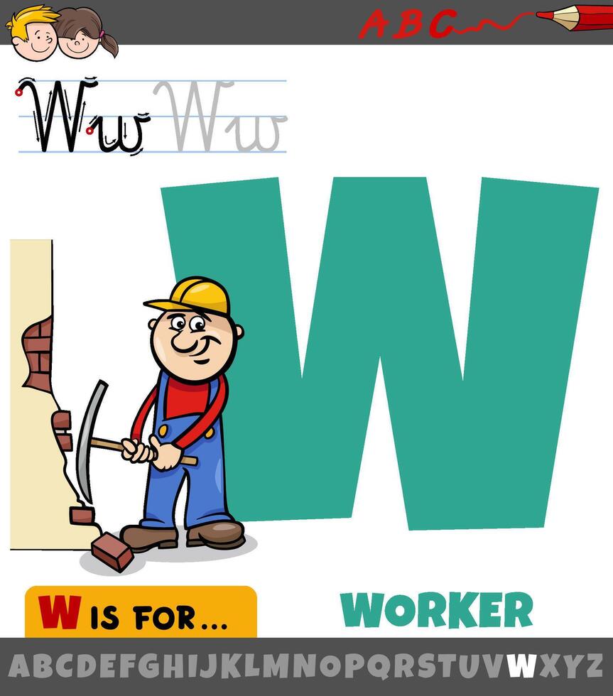 letra w desde alfabeto con dibujos animados trabajador personaje vector