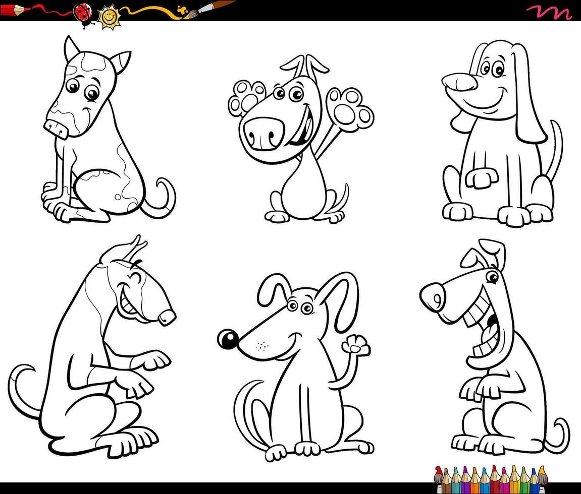 cartoon dogs animal characters set coloring page vector