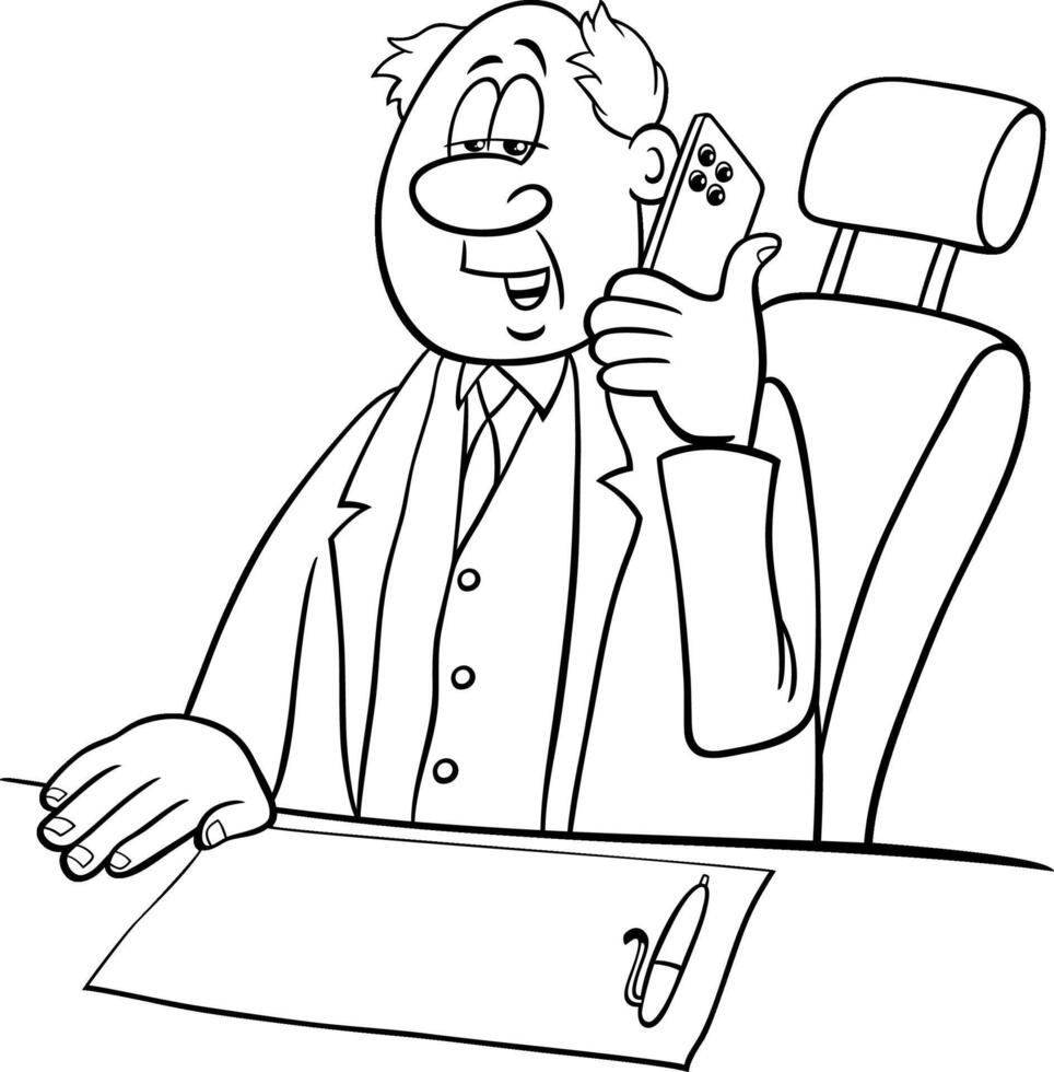 cartoon businessman behind the desk with phone coloring page vector