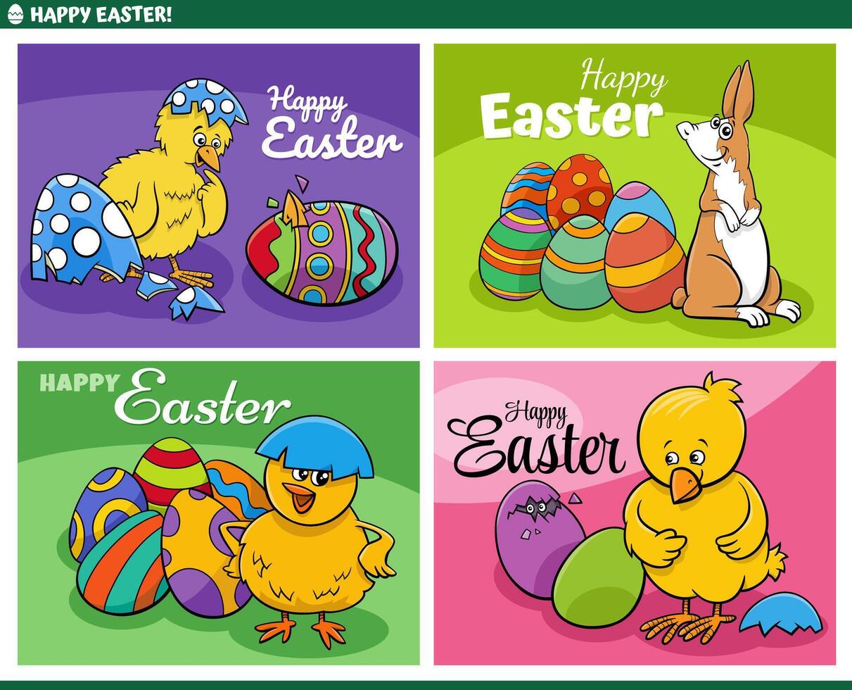 cartoon Easter greeting cards set with chicks and bunnies vector