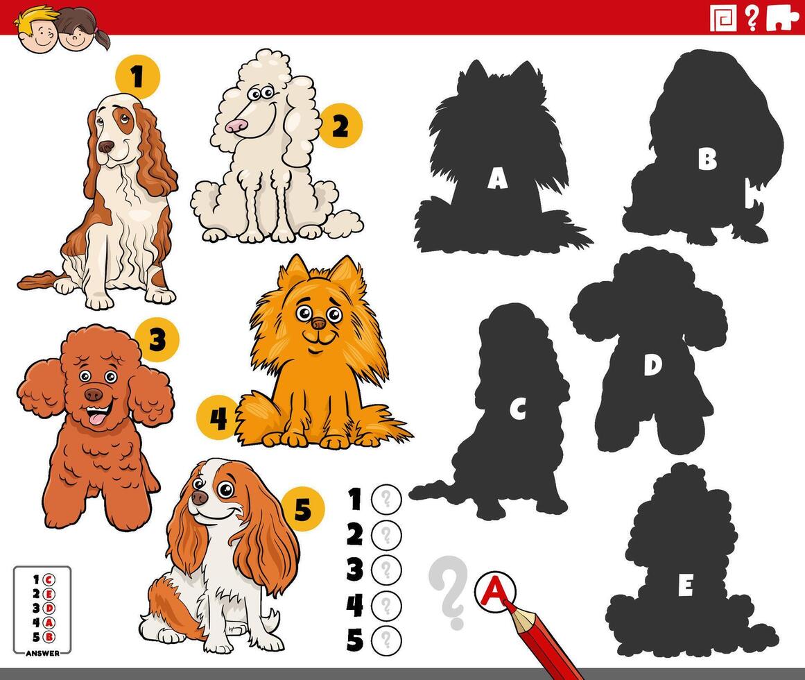 finding shadows game with cartoon purebred dogs vector