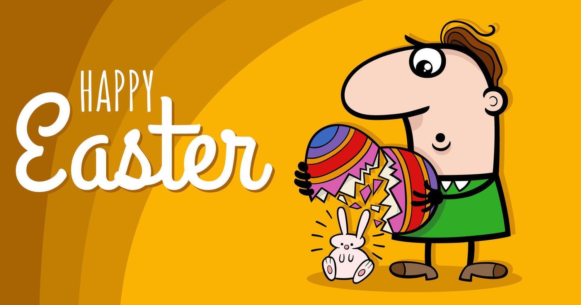 dibujos animados hombre en conejito disfraz con Pascua de Resurrección huevos saludo tarjeta vector