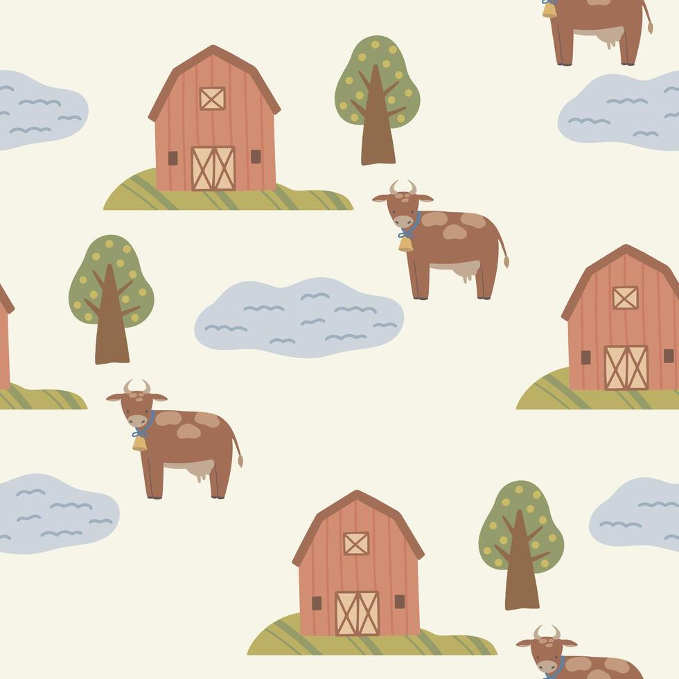 Farm seamless pattern with farm house, trees and cow, hand drawn cute kids background vintage retro pallete vector