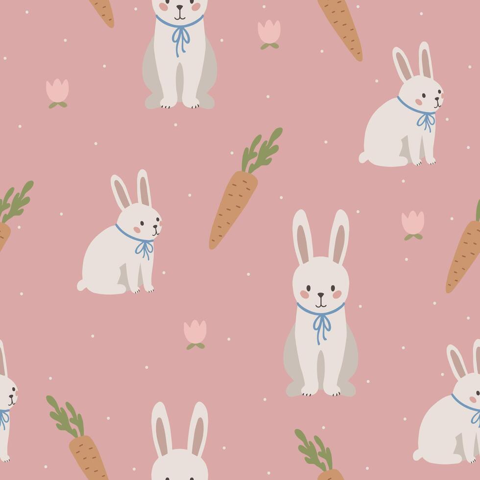 Rabbit seamless pattern, easter bunny hand drawn cute kids background, vintage retro pallete vector