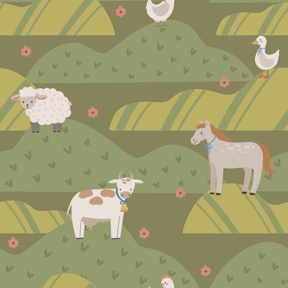 Cow seamless pattern hand drawn cute kids background vintage retro pallete vector