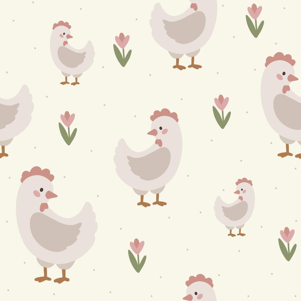 Chicken seamless pattern, hand drawn cute kids background, vintage retro pallete vector