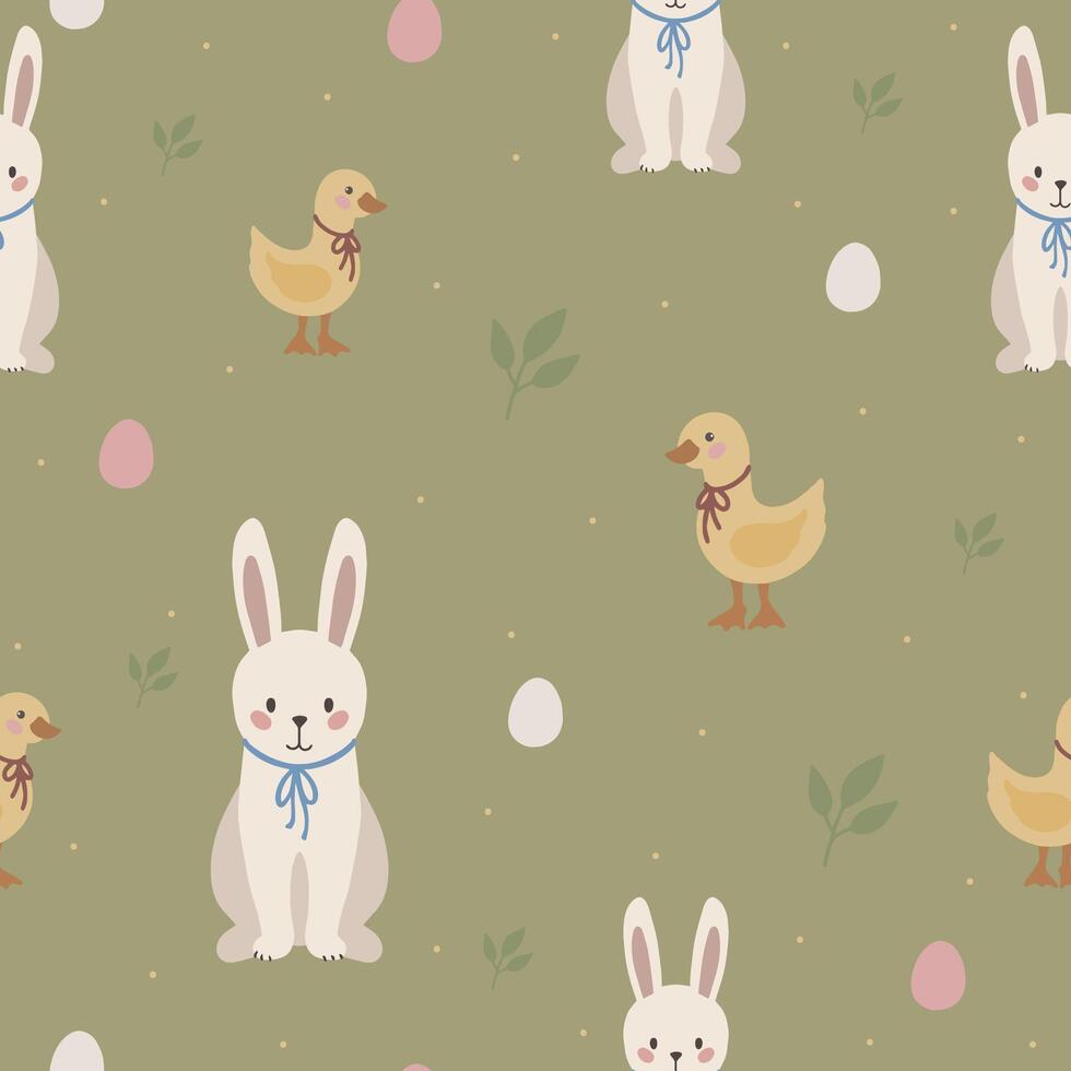 Rabbit seamless pattern, easter bunny hand drawn cute kids background, vintage retro pallete vector