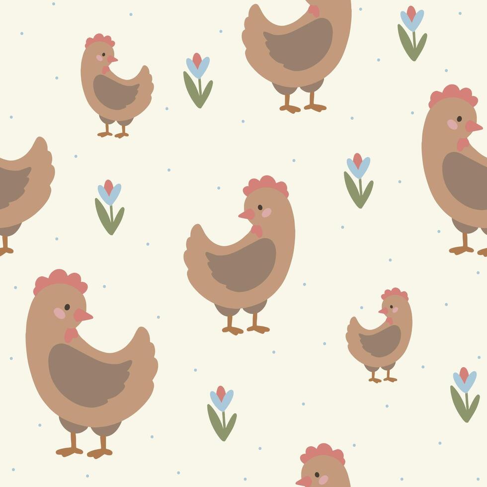 Chicken seamless pattern, hand drawn cute kids background, vintage retro pallete vector