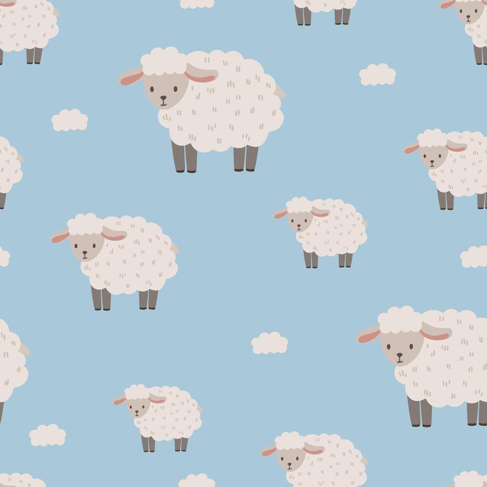 Seamless vector pattern with white and brown sheep, cute kids background, vintage aesthetic