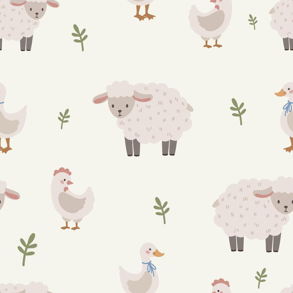 Seamless vector pattern with white and brown sheep, cute kids background, vintage aesthetic