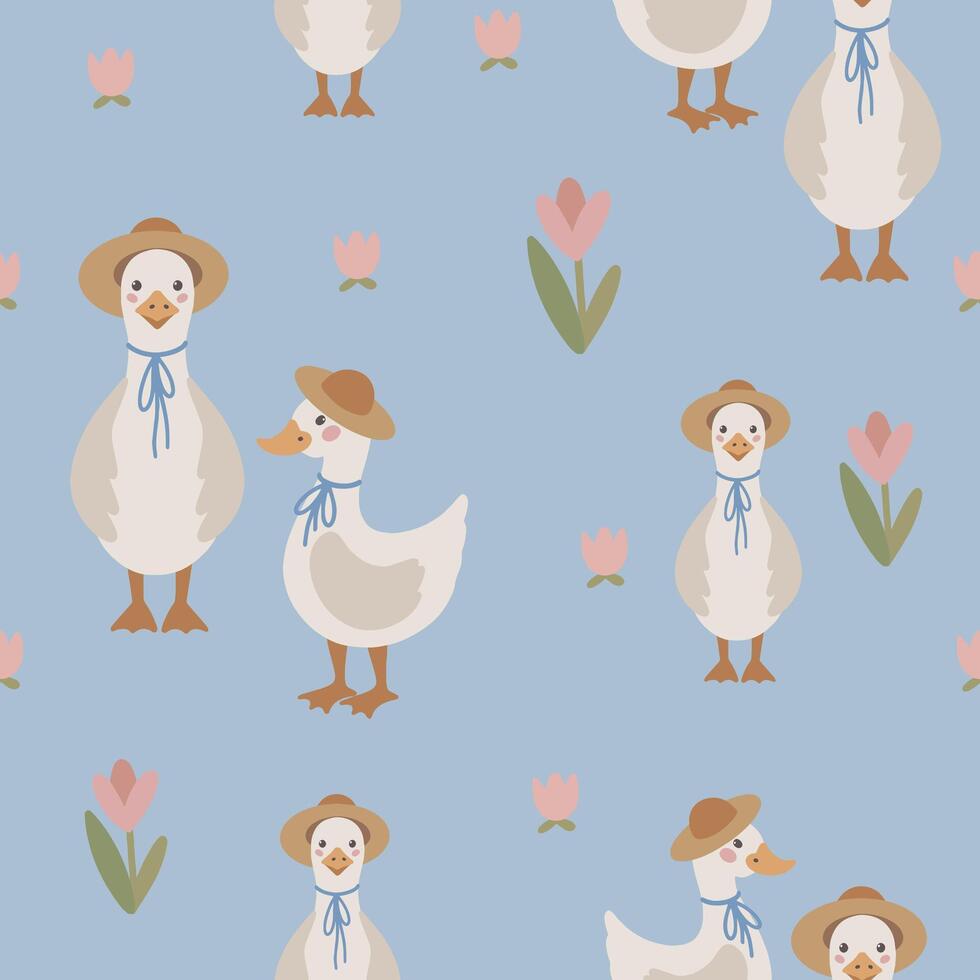Geese seamless pattern, hand drawn cute kids background, vintage retro pallete vector