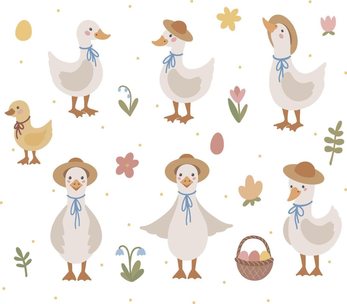 Cute hand drawn geese collection, vintage style, cottagecore farm aestethic vector