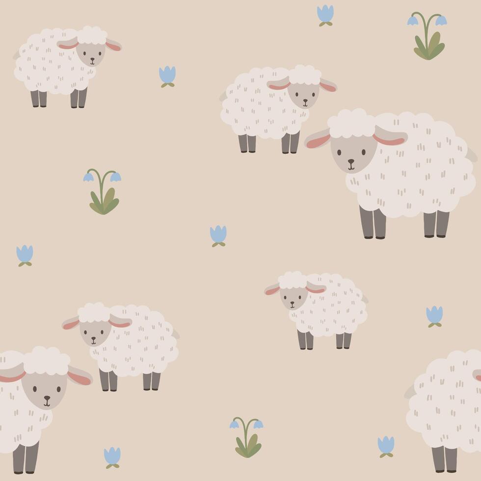 Seamless vector pattern with white and brown sheep, cute kids background, vintage aesthetic