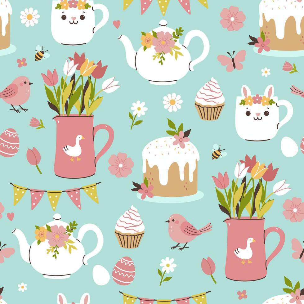 Seamless pattern with spring and Easter items. Vector graphics