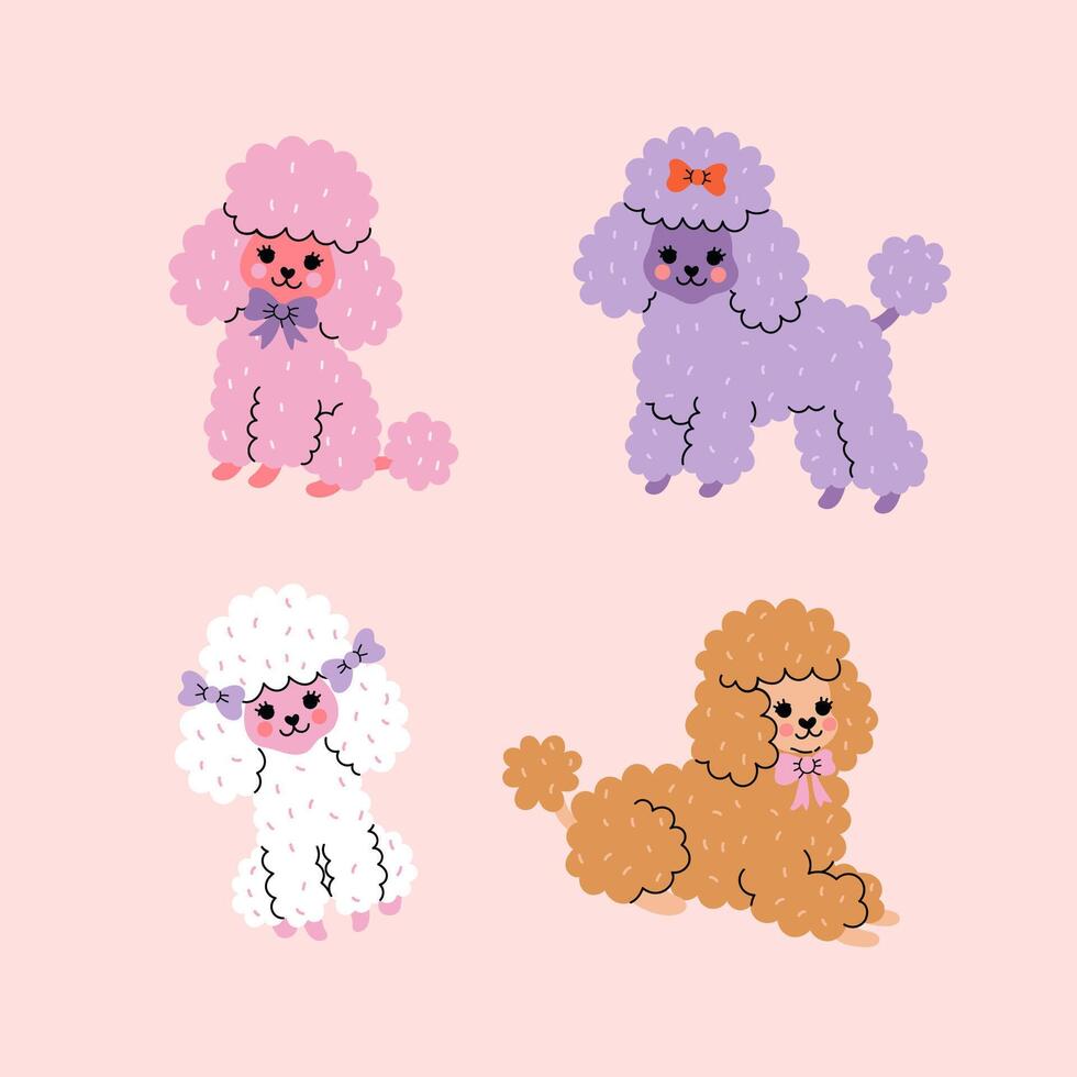 Set of cute colorful poodle dogs. Vector graphics.