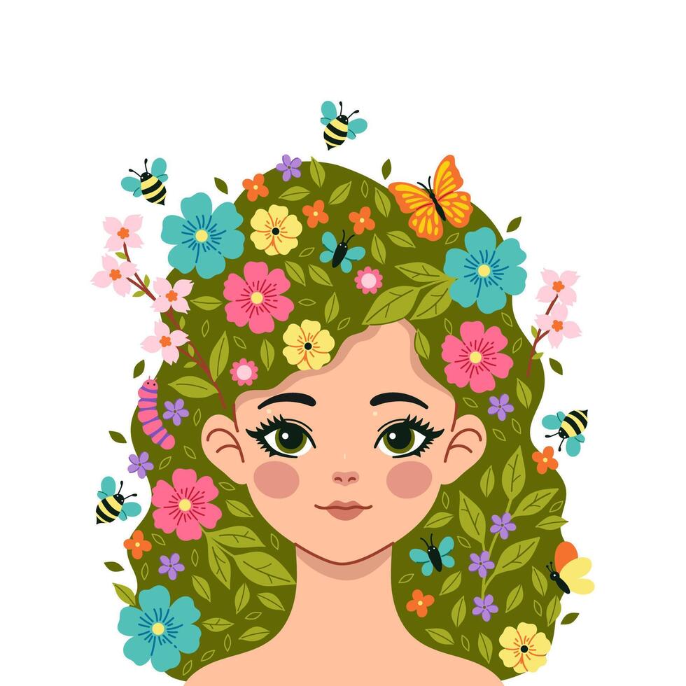 Spring portrait of a girl with a hairstyle with butterflies, bees and flowers. Vector graphics.