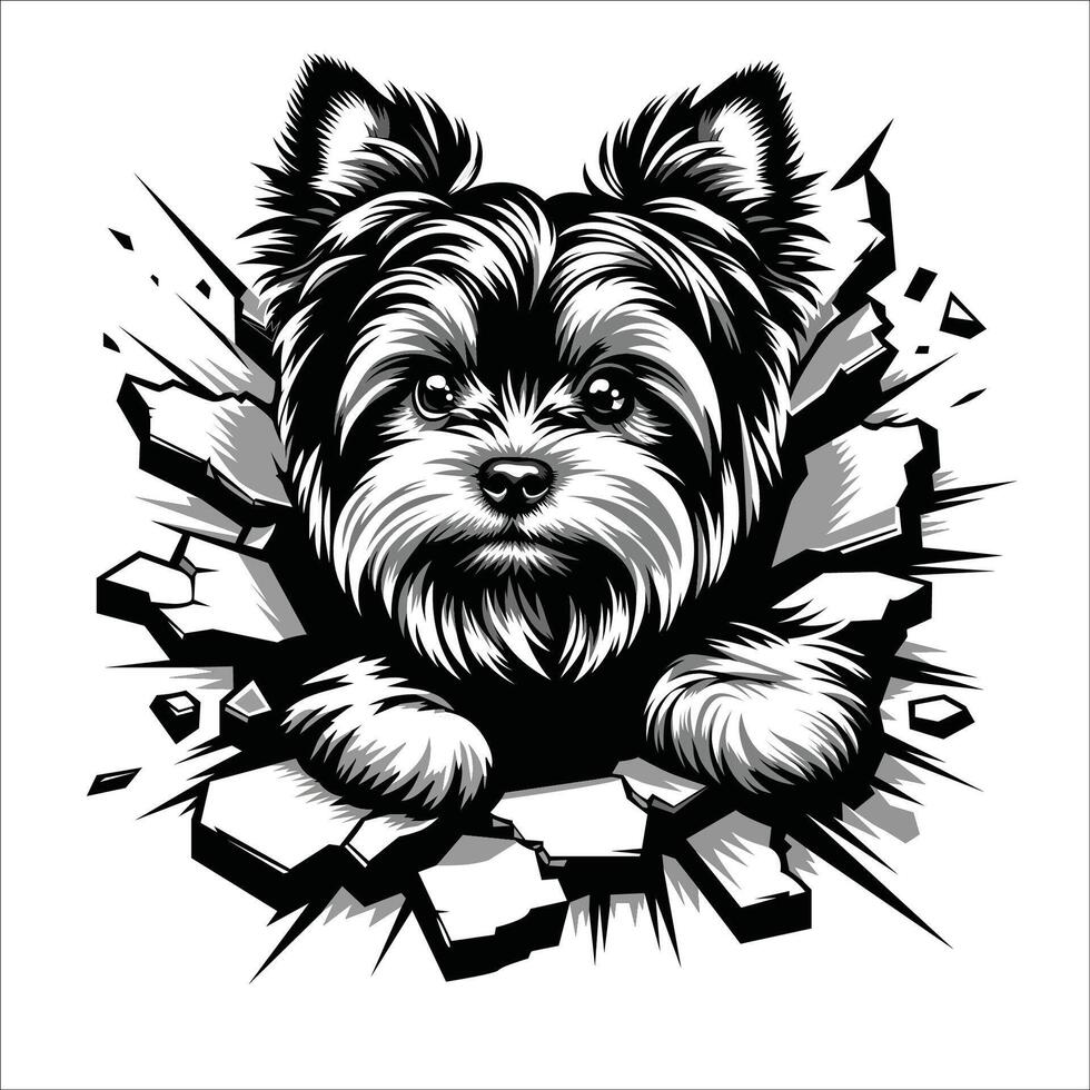 AI generated Yorkshire Terrier Dog looking breaks through a breakthrough wall Illustration vector