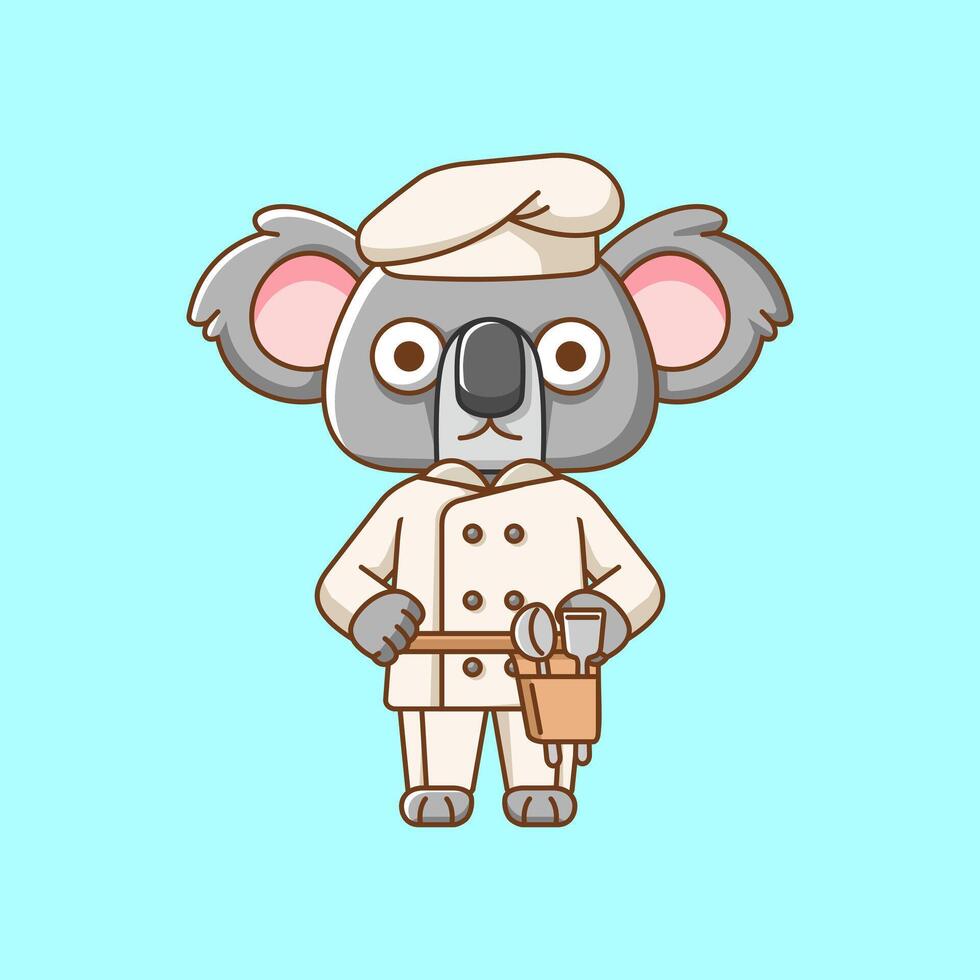 Cute koala chef cook serve food animal chibi character mascot icon flat line art style illustration concept cartoon vector