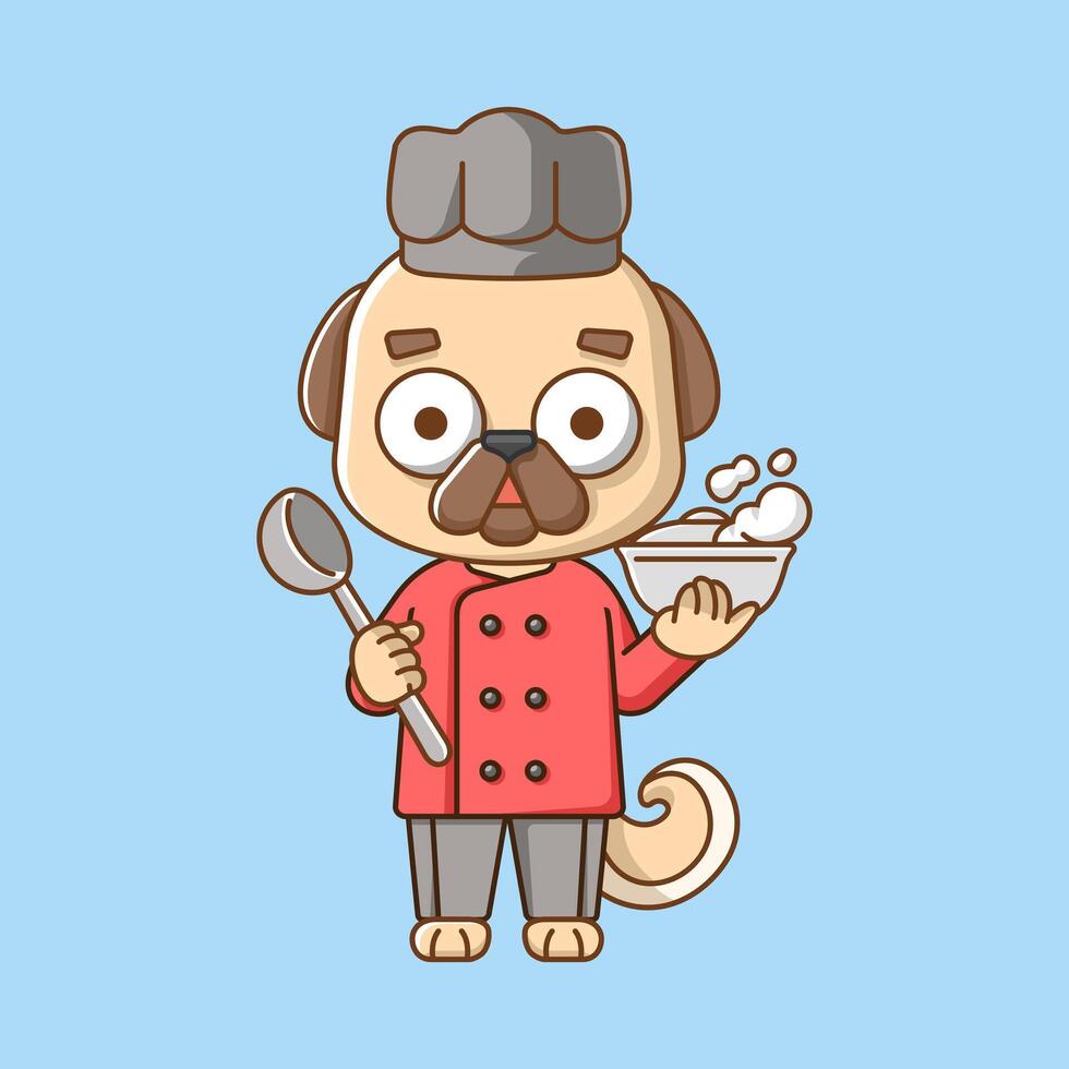 Cute pug dog chef cook serve food animal chibi character mascot icon flat line art style illustration concept cartoon vector