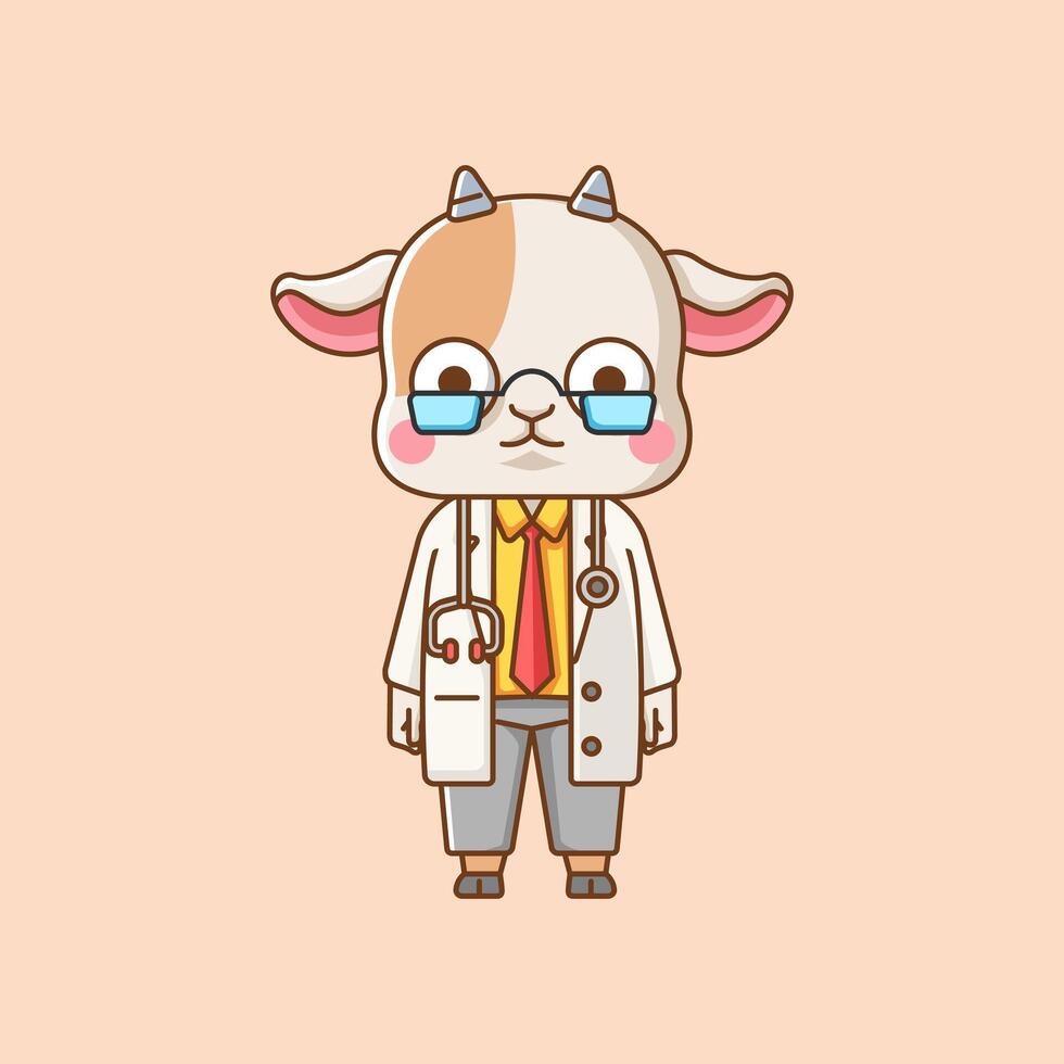 Cute goat doctor medical personnel chibi character mascot icon flat line art style illustration concept cartoon vector