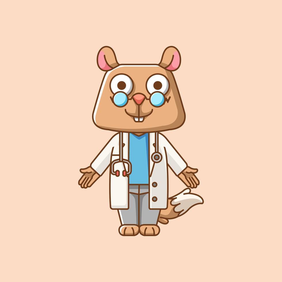 Cute squirrel doctor medical personnel chibi character mascot icon flat line art style illustration concept cartoon vector