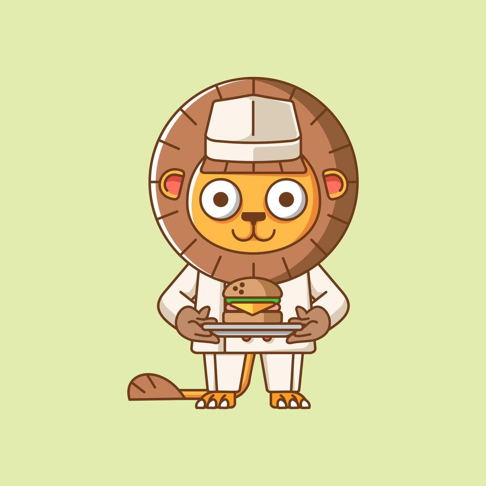 linda león cocinero cocinar servir comida animal chibi personaje mascota icono plano línea Arte estilo ilustración concepto dibujos animados vector
