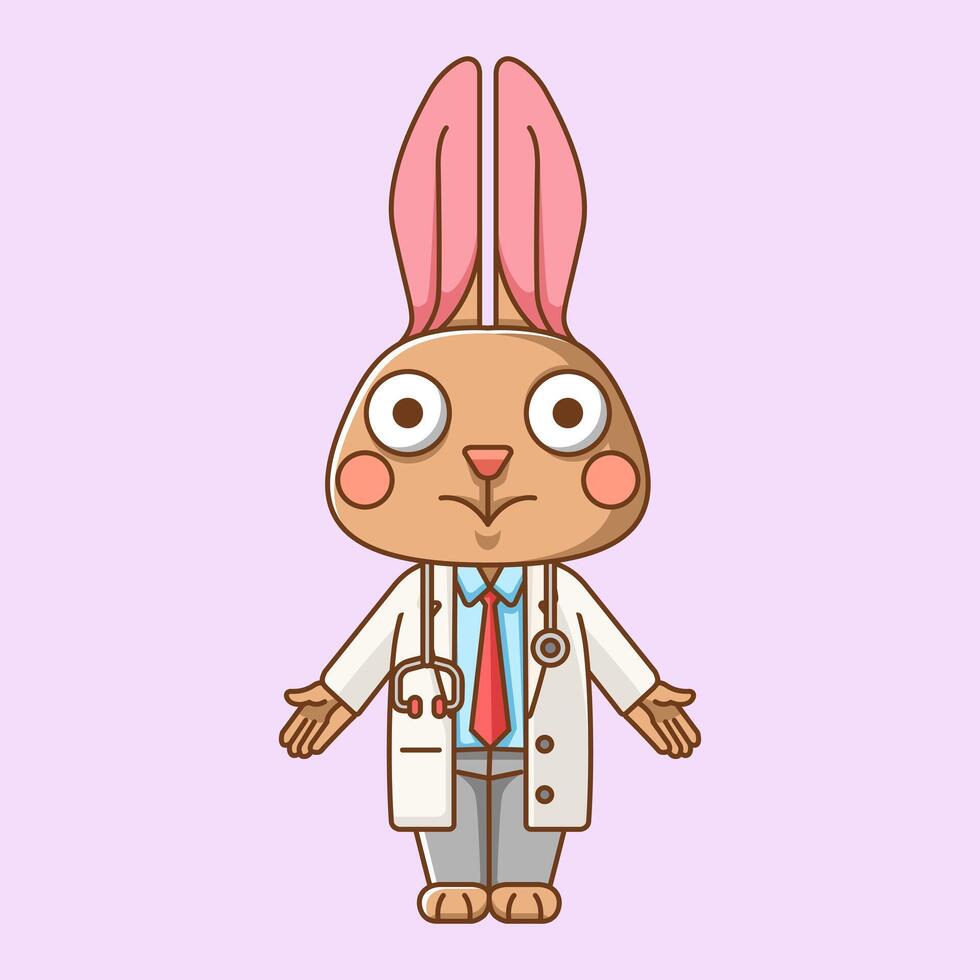 Cute rabbit doctor medical personnel chibi character mascot icon flat line art style illustration concept cartoon vector